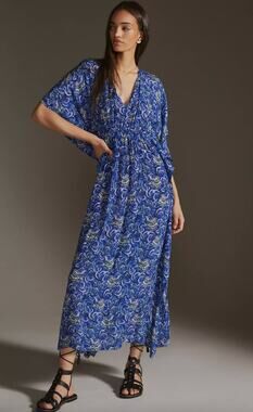 Rujuta Sheth V-Neck Maxi Kaftan Dress Greece Blue Swirl Print OS Anthropologie